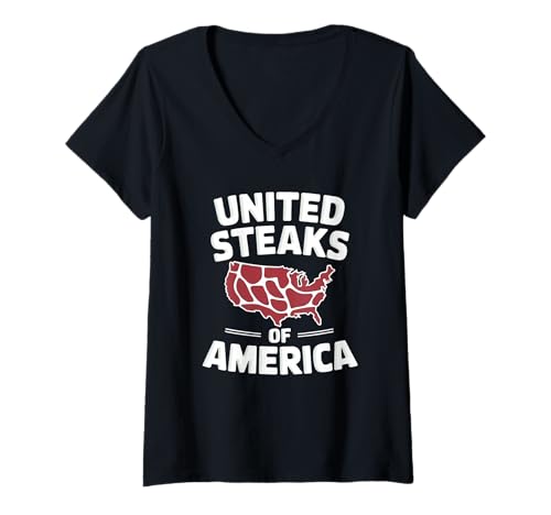 Damen United Steaks of America Lustiger Fleischsteak-Liebhaber T-Shirt mit V-Ausschnitt Damen United Steaks of America Lustiger Fleischsteak-Liebhaber T-Shirt mit V-Ausschnitt von Funny Steak Lover Apparel