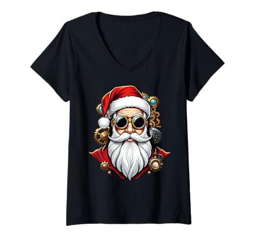 Damen Steampunk Weihnachtsmann Gesicht Steam Punk Weihnachten T-Shirt mit V-Ausschnitt von Funny Steampunk Santa Claus Christmas Xmas Graphic
