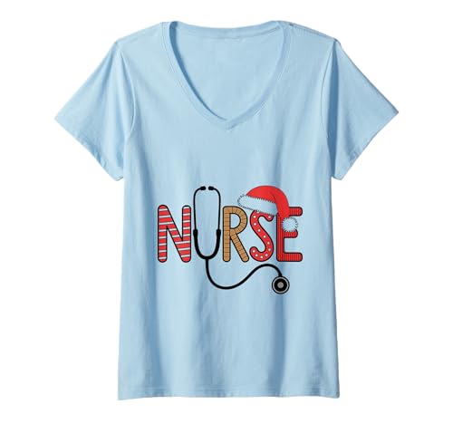 Damen Stethoskop Krankenschwester Weihnachten Nikolausmütze Stillen T-Shirt mit V-Ausschnitt von Funny Stethoscope Nurse Christmas Santa Hat