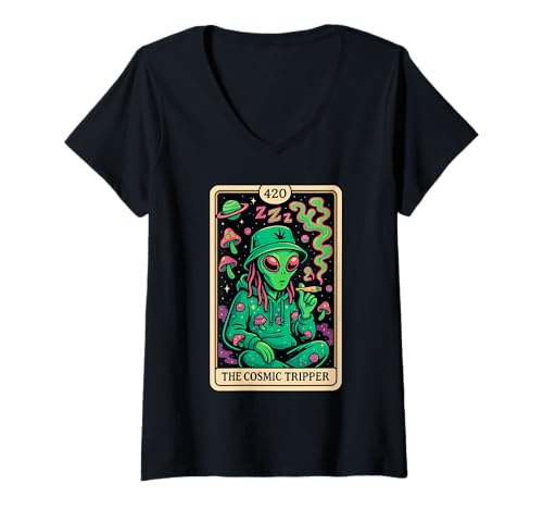 Damen Cosmic Tripper Alien 420 Stoner Psychedelic Weed Space Vibe T-Shirt mit V-Ausschnitt von Funny Stoner Designs