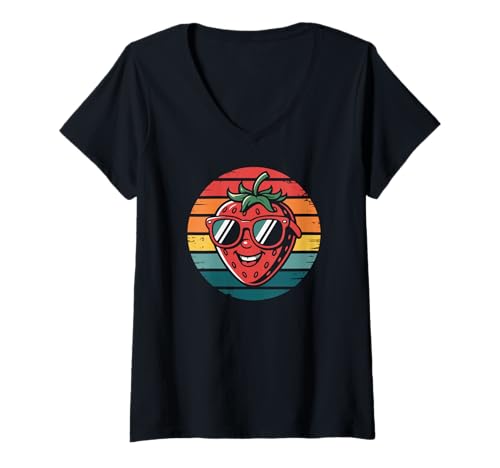Damen Strawberry Sonnenbrille Retro Vintage Lustig T-Shirt mit V-Ausschnitt Damen Strawberry Sonnenbrille Retro Vintage Lustig T-Shirt mit V-Ausschnitt von Funny Strawberry Lover Apparel