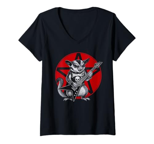 Damen Sugar Glider Heavy Metal-Gitarrenrock, Tierliebhaber T-Shirt mit V-Ausschnitt Damen Sugar Glider Heavy Metal-Gitarrenrock, Tierliebhaber T-Shirt mit V-Ausschnitt von Funny Sugar Glider Death Metal Music Pet Designs