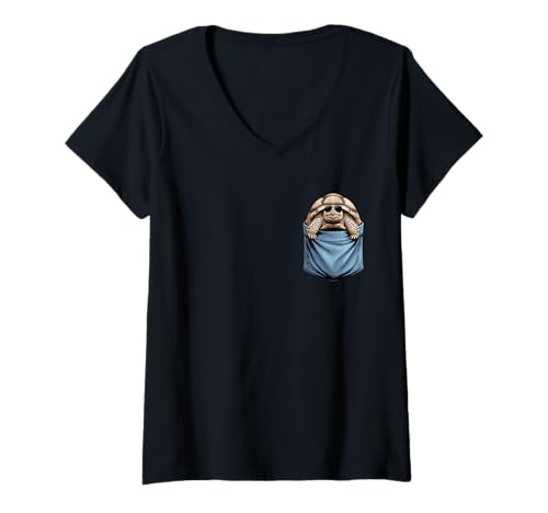 Damen Süße Taschenliebhaber Sulcata Schildkröte T-Shirt mit V-Ausschnitt Damen Süße Taschenliebhaber Sulcata Schildkröte T-Shirt mit V-Ausschnitt von Funny Sulcata Tortoise in Pocket for Tort mom