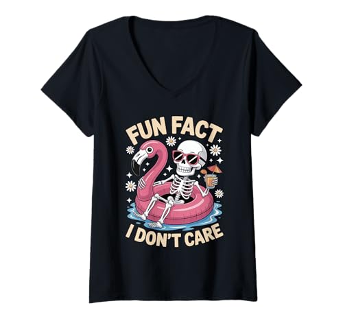 Damen Fun Fact I Don't Care Skelett Float Design Retro Sommer T-Shirt mit V-Ausschnitt Damen Fun Fact I Don't Care Skelett Float Design Retro Sommer T-Shirt mit V-Ausschnitt von Funny Summer Meme with Skeleton and Flamingo