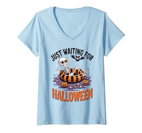 Damen Ich warte nur auf Halloween Funny Skeleton Summer Spooky T-Shirt mit V-Ausschnitt von Funny Summer Skeleton Halloween Costume Cool Tee