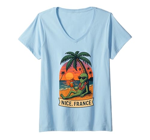 Damen Alien Chillin Sunset - Nizza, Frankreich - Urlaubsreisen T-Shirt mit V-Ausschnitt Damen Alien Chillin Sunset - Nizza, Frankreich - Urlaubsreisen T-Shirt mit V-Ausschnitt von Funny Summer Vacation Beach Alien Design