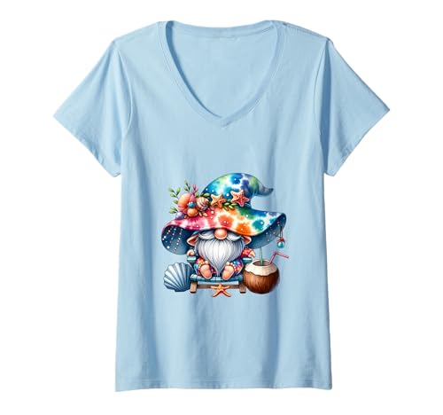 Damen Summer GNOME with Tie Dye Hat and Coconut for Beach Lover T-Shirt mit V-Ausschnitt Damen Summer GNOME with Tie Dye Hat and Coconut for Beach Lover T-Shirt mit V-Ausschnitt von Funny Summer Vacation Gnome Gifts For Beach Lovers