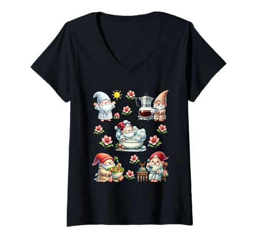 Damen Funny Vacation Gnomes For Family Lazy Teacher Summer Gnome T-Shirt mit V-Ausschnitt von Funny Summer Vacation Gnome Gifts For Lazy People