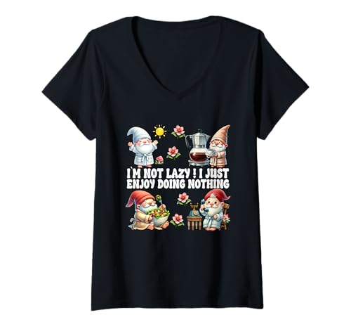 Damen Im Not Lazy I Just Enjoy Doing Nothing Funny Summer Gnome T-Shirt mit V-Ausschnitt von Funny Summer Vacation Gnome Gifts For Lazy People