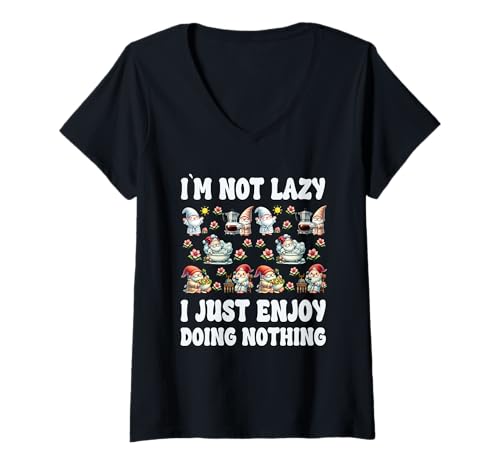 Damen Lazy Dad Gnomes I`m Not Lazy I Just Enjoy Doing Nothing T-Shirt mit V-Ausschnitt von Funny Summer Vacation Gnome Gifts For Lazy People