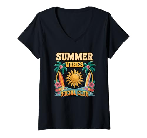 Damen Lustiges Summer Vibes Social Club Shirt Surf Sun Palms Beach T-Shirt mit V-Ausschnitt von Funny Summer Vibes Social Club Tee Shirts