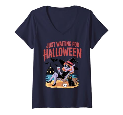 Damen Ich warte nur auf die gruselige Halloween-Sommerhexe T-Shirt mit V-Ausschnitt Damen Ich warte nur auf die gruselige Halloween-Sommerhexe T-Shirt mit V-Ausschnitt von Funny Summerween Holiday Vacation Beach Party