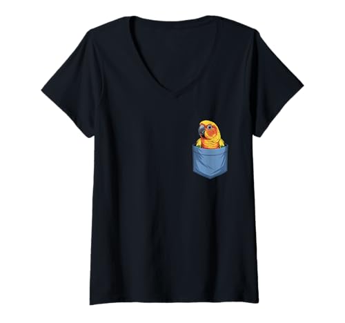 Damen Süße Tasche Sun Conure Papageienliebhaber T-Shirt mit V-Ausschnitt Damen Süße Tasche Sun Conure Papageienliebhaber T-Shirt mit V-Ausschnitt von Funny Sun Conure in Pocket for Bird Lover