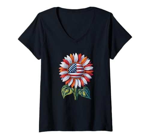 Damen Sonnenblume Amerikanische Flagge 4. Juli Damen Herren Merica USA T-Shirt mit V-Ausschnitt Damen Sonnenblume Amerikanische Flagge 4. Juli Damen Herren Merica USA T-Shirt mit V-Ausschnitt von Funny Sunflower American Flag 4th of July Tee