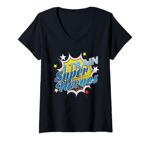 Damen Lustiges Superhelden-T-Shirt – I Train Super Heroes T-Shirt mit V-Ausschnitt Damen Lustiges Superhelden-T-Shirt – I Train Super Heroes T-Shirt mit V-Ausschnitt von Funny Super hero T Shirts