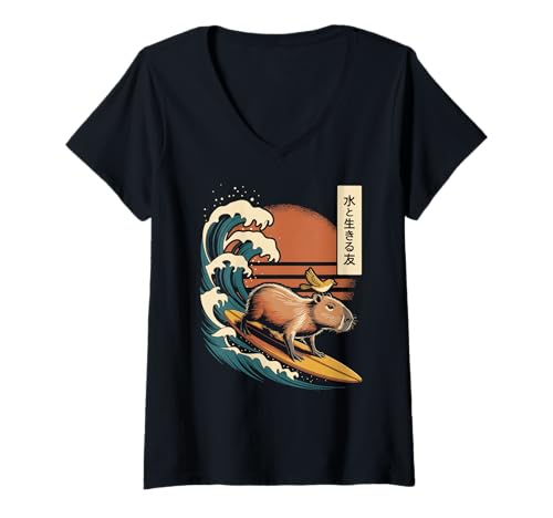 Damen Capybara & Surfen, Japanisch, Wellen & Surfer, Surfbrett T-Shirt mit V-Ausschnitt Damen Capybara & Surfen, Japanisch, Wellen & Surfer, Surfbrett T-Shirt mit V-Ausschnitt von Funny Surfer Gifts for Men, Women & Kids