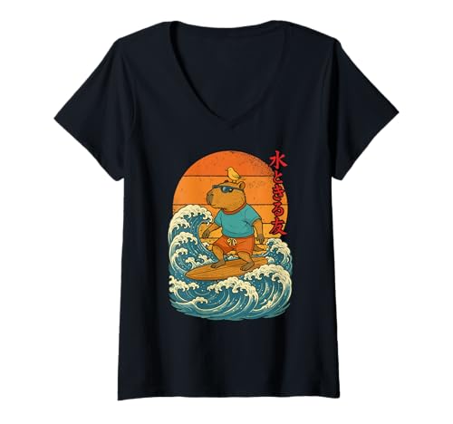 Damen Surfen Capybara, Wellen, Surfbrett, Japanisch & Surfer T-Shirt mit V-Ausschnitt Damen Surfen Capybara, Wellen, Surfbrett, Japanisch & Surfer T-Shirt mit V-Ausschnitt von Funny Surfer Gifts for Men, Women & Kids