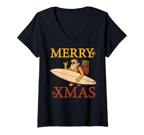 Damen Merry Xmas Retro Surfer Santa Shaka Weihnachten Surfen T-Shirt mit V-Ausschnitt Damen Merry Xmas Retro Surfer Santa Shaka Weihnachten Surfen T-Shirt mit V-Ausschnitt von Funny Surfer Santa Claus Christmas Surf Design