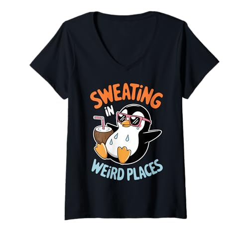 Damen Sweating In Weird Places Pinguin Lustiges Schwitzen T-Shirt mit V-Ausschnitt Damen Sweating In Weird Places Pinguin Lustiges Schwitzen T-Shirt mit V-Ausschnitt von Funny Sweating Cool Summer Sweating Design