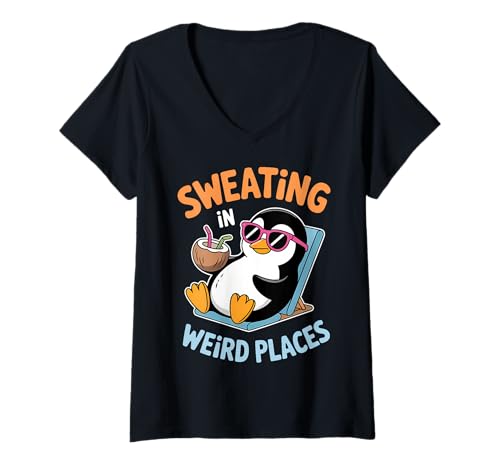 Damen Sweating In Weird Places Pinguin Lustiges Schwitzen T-Shirt mit V-Ausschnitt Damen Sweating In Weird Places Pinguin Lustiges Schwitzen T-Shirt mit V-Ausschnitt von Funny Sweating Cool Summer Sweating Designs