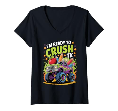 Damen Bereit, TK Back to School Monster Truck zu vernichten T-Shirt mit V-Ausschnitt Damen Bereit, TK Back to School Monster Truck zu vernichten T-Shirt mit V-Ausschnitt von Funny TK Monster Truck Crush Crew 2025