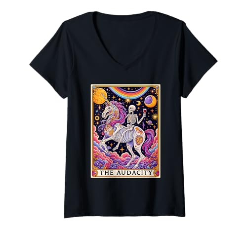 Damen The Audacity Tarotkarte, süßes Regenbogen-Skelett, Einhorn-Liebhaber T-Shirt mit V-Ausschnitt Damen The Audacity Tarotkarte, süßes Regenbogen-Skelett, Einhorn-Liebhaber T-Shirt mit V-Ausschnitt von Funny Tarot Card Reader Apparel & Costume Gifts