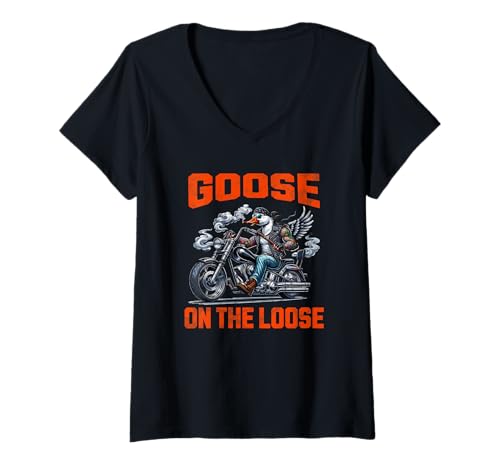 Damen Gans on The Loose Motorradfahrer T-Shirt mit V-Ausschnitt von Funny Tattooed Goose Riding Motorcycle