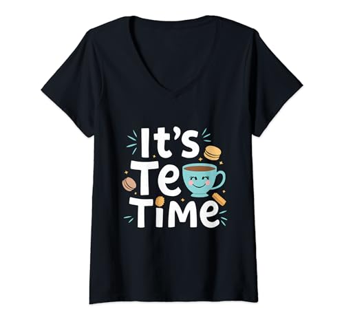 Damen Lustiger Teetrinker mit Aufschrift "It's Tea Time" T-Shirt mit V-Ausschnitt von Funny Tea stuff
