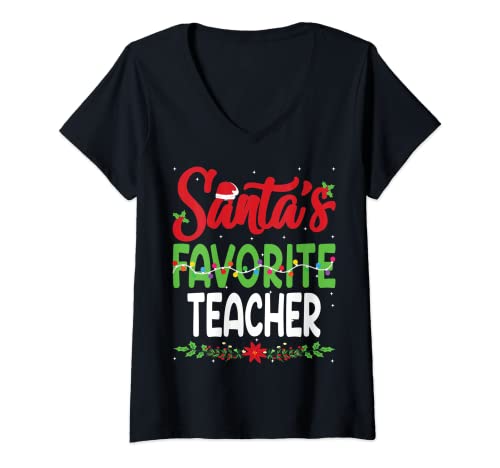 Damen Santa's Favourite Teacher Christmas Santa Hat Lights T-Shirt mit V-Ausschnitt Damen Santa's Favourite Teacher Christmas Santa Hat Lights T-Shirt mit V-Ausschnitt von Funny Teacher Christmas Gift T Shirt