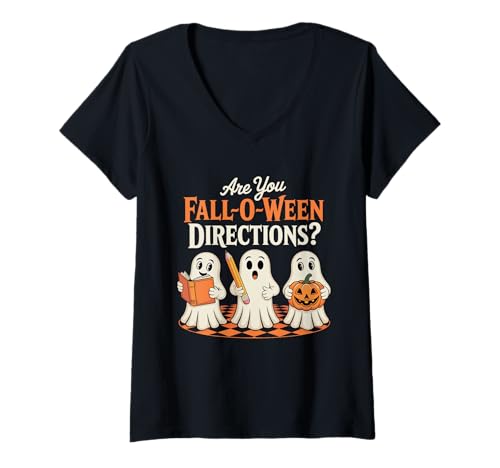 Damen Are You Fall O Ween Directions, Retro Teacher Halloween Ghost T-Shirt mit V-Ausschnitt Damen Are You Fall O Ween Directions, Retro Teacher Halloween Ghost T-Shirt mit V-Ausschnitt von Funny Teacher Halloween For Classroom Costumes