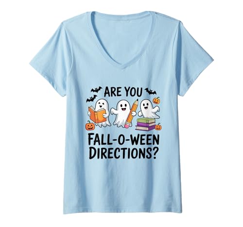 Damen Are You Fall O Ween Directions, Retro Teacher Halloween Ghost T-Shirt mit V-Ausschnitt Damen Are You Fall O Ween Directions, Retro Teacher Halloween Ghost T-Shirt mit V-Ausschnitt von Funny Teacher Halloween For Classroom Costumes