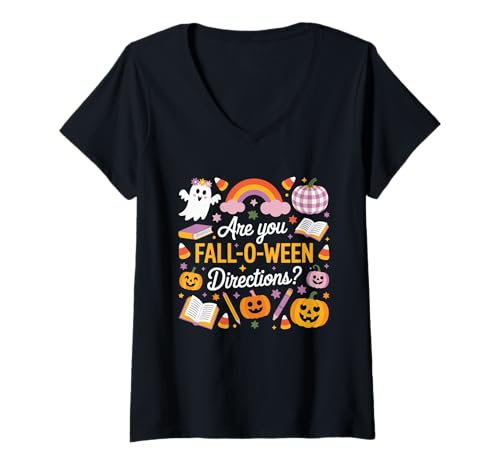 Damen Are You Fall O Ween Directions, Retro Teacher Halloween Ghost T-Shirt mit V-Ausschnitt Damen Are You Fall O Ween Directions, Retro Teacher Halloween Ghost T-Shirt mit V-Ausschnitt von Funny Teacher Halloween For Classroom Costumes
