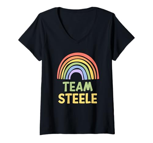 Damen Happy Colorful Team Steele Rainbow Pride Green Yellow T-Shirt mit V-Ausschnitt von Funny Team Steele Family Name Gift Ideas