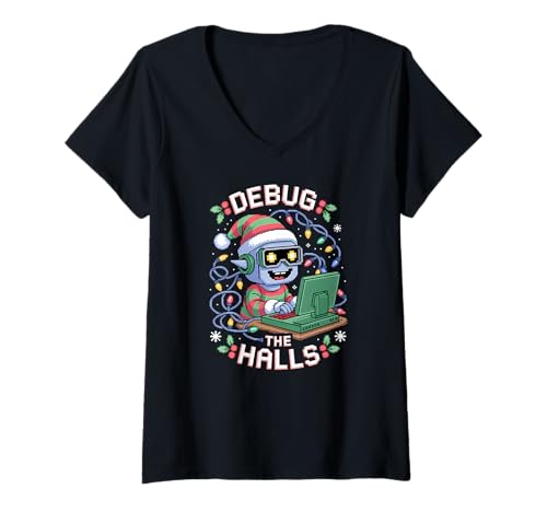 Damen Debug The Halls Funny Coder Christmas Pixel Holiday T-Shirt mit V-Ausschnitt Damen Debug The Halls Funny Coder Christmas Pixel Holiday T-Shirt mit V-Ausschnitt von Funny Tech Holiday Apparel Gifts by Anastasia