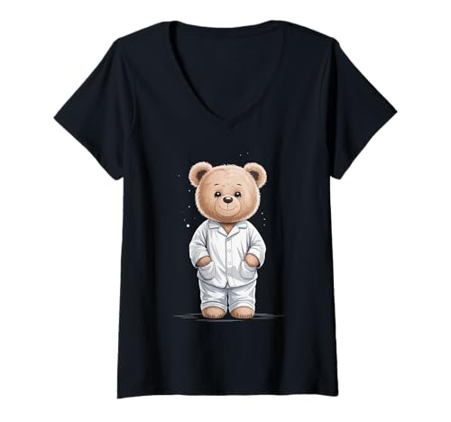 Damen Sweet Dreams Cooler Teddybär mit Pyjama, lustig T-Shirt mit V-Ausschnitt von Funny Teddy Bear with Pajamas Tee Co.