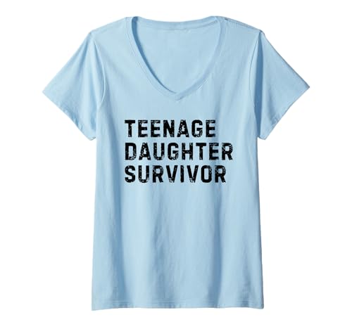 Damen Vintage Teenage Daughter Survivor Parenting Zitat Vatertag T-Shirt mit V-Ausschnitt von Funny Teenage Daughter Survivor Fathers Day Gifts