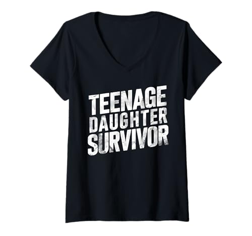 Damen Vintage Teenage Daughter Survivor Parenting Zitat Vatertag T-Shirt mit V-Ausschnitt von Funny Teenage Daughter Survivor Fathers Day Gifts