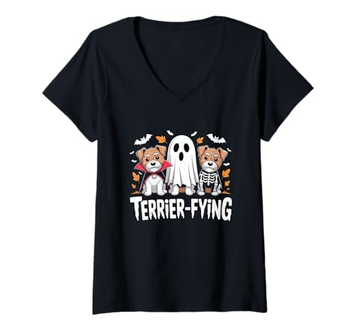 Damen Terrier-fying T-Shirt Lustiger Terrier Hund Halloween Kostüm T-Shirt mit V-Ausschnitt Damen Terrier-fying T-Shirt Lustiger Terrier Hund Halloween Kostüm T-Shirt mit V-Ausschnitt von Funny Terrier Dog Halloween Vibes