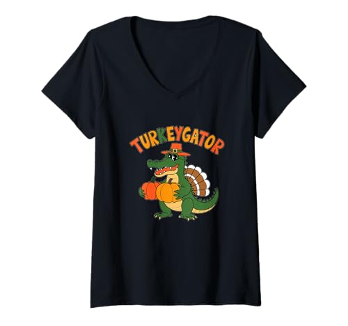 Damen Lustiger Thanksgiving Alligator Truthahn Kürbis Truthahn Turkeygator T-Shirt mit V-Ausschnitt Damen Lustiger Thanksgiving Alligator Truthahn Kürbis Truthahn Turkeygator T-Shirt mit V-Ausschnitt von Funny Thanksgiving Alligator Turkey Pumpkin