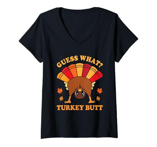 Damen Lustiger Ratet mal, Welcher Truthahn Butt Thanksgiving-Humor T-Shirt mit V-Ausschnitt von Funny Thanksgiving Designs