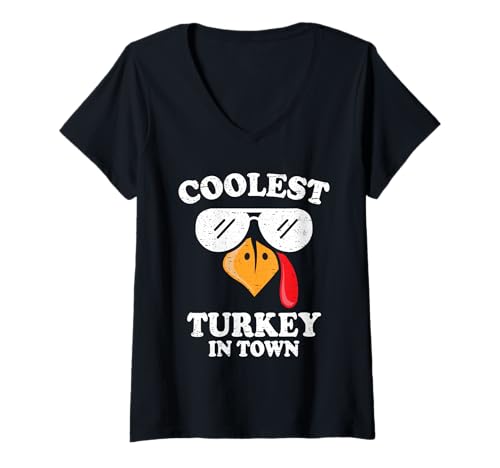 Damen Lustiges Thanksgiving Coolest Turkey In Town Jungen Kinder Kleinkind T-Shirt mit V-Ausschnitt Damen Lustiges Thanksgiving Coolest Turkey In Town Jungen Kinder Kleinkind T-Shirt mit V-Ausschnitt von Funny Thanksgiving Designs