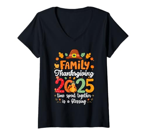 Damen Thanksgiving mit der Familie 2025 Die gemeinsame Zeit ist EIN Segen T-Shirt mit V-Ausschnitt von Funny Thanksgiving Designs
