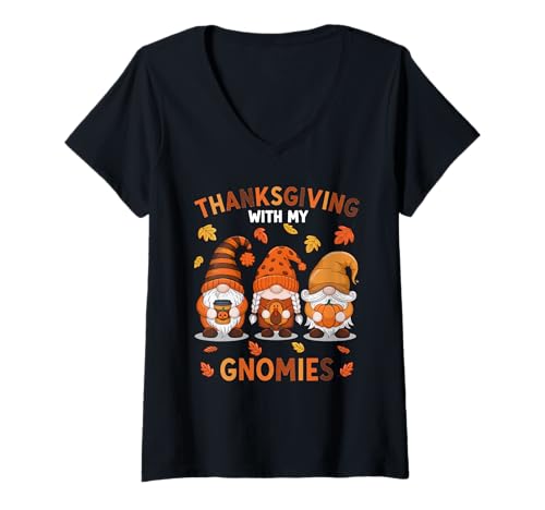 Damen Thanksgiving with My Gnomies Lustiger Zwerg Herbst Leopard Türkei T-Shirt mit V-Ausschnitt von Funny Thanksgiving Designs
