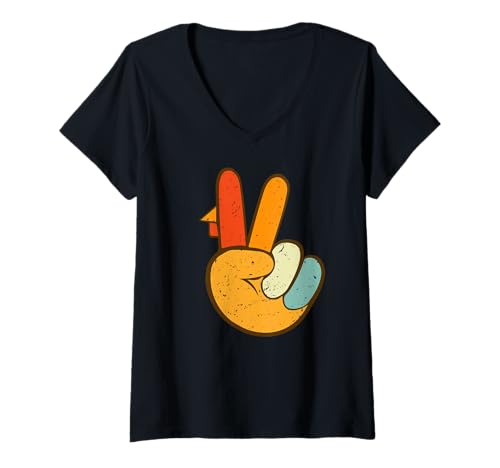 Damen Retro Frieden Türkei Handschild Thanksgiving Herbst Lustiges Geschenk T-Shirt mit V-Ausschnitt Damen Retro Frieden Türkei Handschild Thanksgiving Herbst Lustiges Geschenk T-Shirt mit V-Ausschnitt von Funny Thanksgiving Gift Fall Funny Gift