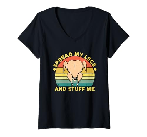 Damen Lustig spreize Meine Beine und stopf Mir Thanksgiving T-Shirt mit V-Ausschnitt Damen Lustig spreize Meine Beine und stopf Mir Thanksgiving T-Shirt mit V-Ausschnitt von Funny Thanksgiving Km