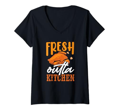 Damen Truthahn Day Fresh Outta Küche Lustig Thanksgiving T-Shirt mit V-Ausschnitt von Funny Thanksgiving Lover Quotes