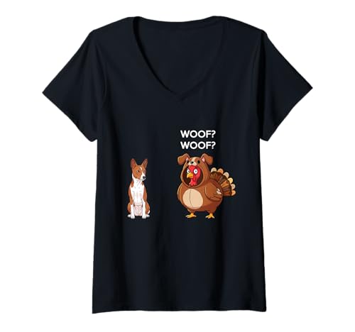 Damen Funny Thanksgiving Basenji and Turkey T-Shirt mit V-Ausschnitt Damen Funny Thanksgiving Basenji and Turkey T-Shirt mit V-Ausschnitt von Funny Thanksgiving Party Dog Designs