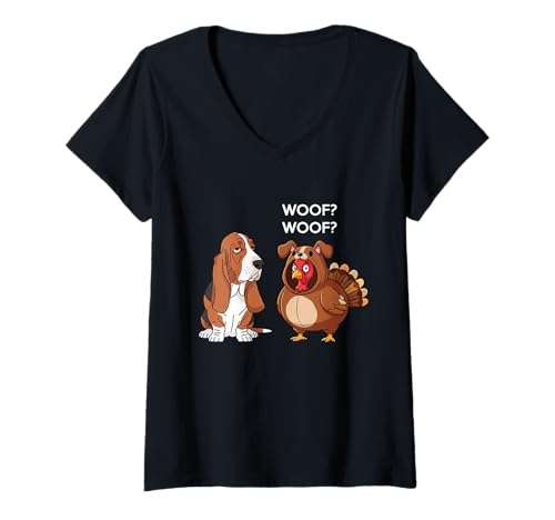 Damen Funny Thanksgiving Basset Hound and Turkey T-Shirt mit V-Ausschnitt Damen Funny Thanksgiving Basset Hound and Turkey T-Shirt mit V-Ausschnitt von Funny Thanksgiving Party Dog Designs
