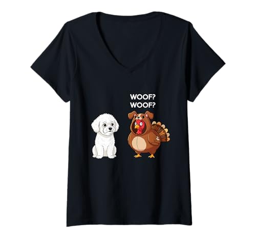 Damen Funny Thanksgiving Bichon Frise and Turkey T-Shirt mit V-Ausschnitt Damen Funny Thanksgiving Bichon Frise and Turkey T-Shirt mit V-Ausschnitt von Funny Thanksgiving Party Dog Designs