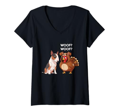 Damen Funny Thanksgiving Bull Terrier and Turkey T-Shirt mit V-Ausschnitt Damen Funny Thanksgiving Bull Terrier and Turkey T-Shirt mit V-Ausschnitt von Funny Thanksgiving Party Dog Designs